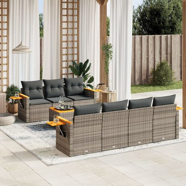 vidaXL 8-teilig Garten-Sofagarnitur mit Kissen Grau Poly Rattan, 3226648