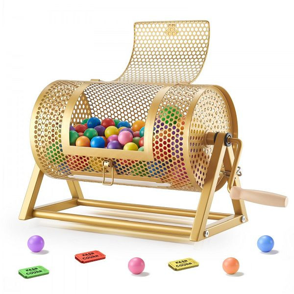 VEVOR Tombola Trommel, 295xØ167mm, für 2500 Lose/100 Lotteriebälle, mit Kurbel & Ständer, Gold, CJG12YCJSDZJTUTEL002V0