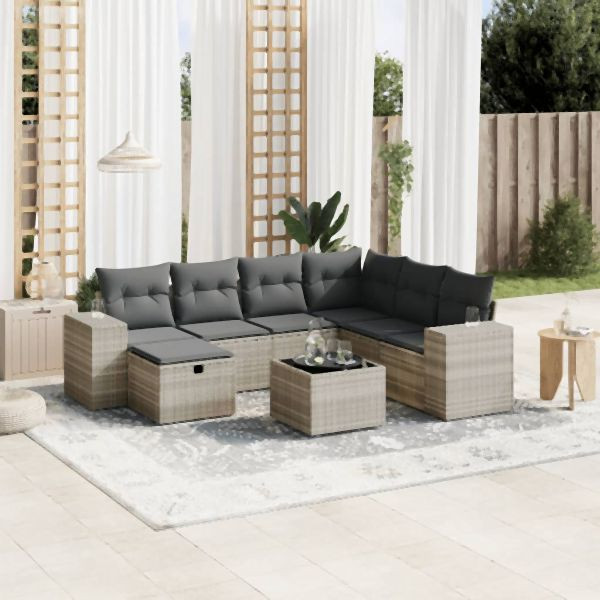 vidaXL 8-tlg. Garten-Sofagarnitur mit Kissen Hellgrau Poly Rattan, 3264468