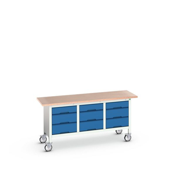 bott verso mobile Kastenwerkbank (Multiplex) mit 9 Schubladen, BxTxH: 1750 x 600 x 830 mm, Lichtgrau / Enzianblau, 16923223.11