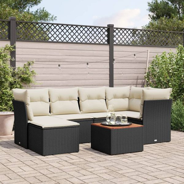 vidaXL 7-teilig Garten-Sofagarnitur mit Kissen Schwarz Poly Rattan, 3256077