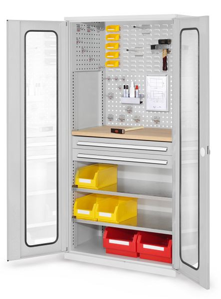 Kappes RasterPlan Schubladenschrank, Modell 34, RAL 7035, Sichtfenstertür, 1950 x 1000 x 600 mm, 2 Schubladen H 100 mm, 1460.04.5013