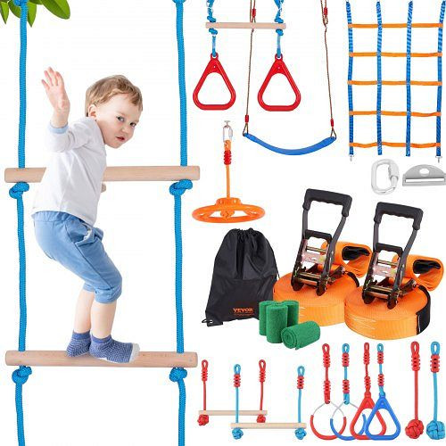 VEVOR Ninja Slackline Hindernisse Set 2 x 18,29 m Slacklines, 226,8 kg Tragkraft mit 14 Hindernissen, RZX602YC14J0XSOTOV0
