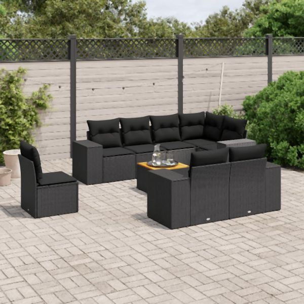 vidaXL 9-tlg. Garten-Sofagarnitur mit Kissen Schwarz Poly Rattan, 3225537