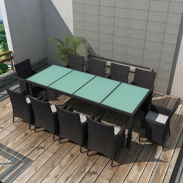 vidaXL 11-teilig Garten-Essgruppe mit Auflagen Poly Rattan Schwarz, 42570