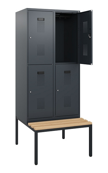 C+P Doppelstöckiger Spind Evolo PLUS, Bank, 4 Fächer, 1950x800x815mm, 7016/7016, Zylinderschloss, Sitzfläche Buche-Hartholz, Sitzbank, 0493505-22 S10043