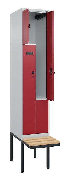 C+P Z-Spind Evolo PLUS, Bank, 2 Fächer, 2120x400x815mm, 7035/3003, Drehriegel, Sitzfläche Holz, 0490437-122 S10010