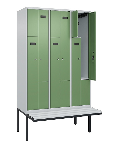 C+P Z-Spind Evolo PLUS, Bank, 6 Fächer, 2120x1200x815mm, 7035/6011, Zylinderschloss, Material Sitzfläche Kunststoff, 0490437-326 S10091
