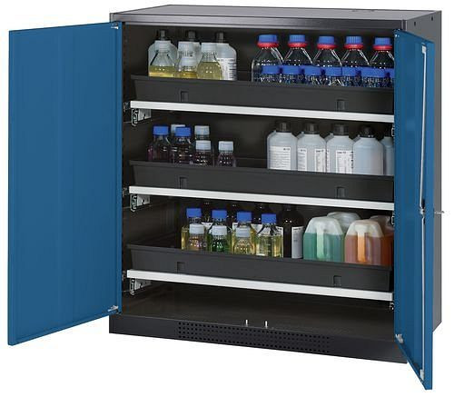 asecos Chemikalienschrank Systema-T CS-103, Korpus anthrazit, Flügeltüren blau, 3 Tablarauszüge, 208867
