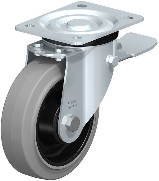 Blickle L-POEV 160KD-ST-SG Stahlblech-Lenkrolle, mittelschwere Ausführung, mit Anschraubplatte & Feststeller, Elastik-Vollgummi, Grau, 749368