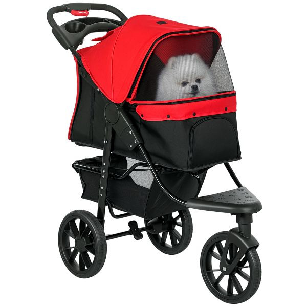 PawHut Hundewagen klappbar bis 10 kg mit 3 Rädern, Netzfenstern Getränkehalter Ablagekorb 109,5x57,5x106,5 cm Rot, D00-108V01