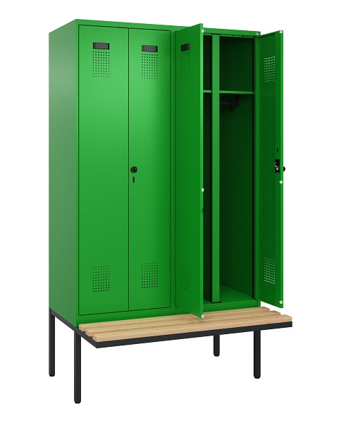 C+P Schwarz-Weiß-Spind Evolo PLUS, Bank, 4 Abteile, 2120x1200x815mm, 6037/6037, Drehriegel, Sitzfläche Holz, 0490427-40 S10026