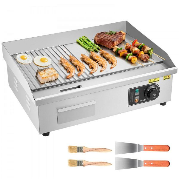 VEVOR Elektrische Grillplatte 3200W, 535x300 mm, Elektrogrill halb Gerillt/halb Glatt, inkl. 2 Spatel & 2 Bürsten, SYKDBLBPK10M66AVE002V2