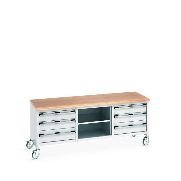 bott cubio Kastenwerkbank mobil 6 Schubladen, Ablage, Multiplex-Arbeitsplatte, BxTxH: 2000x750x840mm, RAL 7035/7035, Lichtgrau, 41002130.16V