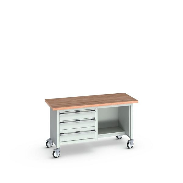 bott cubio Kastenwerkbank mobil 3 Schubladen, Rotbuche-Arbeitsplatte, BxTxH: 1500x750x840mm, RAL 7035/7035, Lichtgrau, 41002116.16V