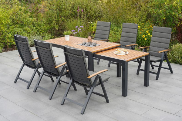 Merxx Astros Set 13-teilig, 6 Astros Klappsessel, 6 Kissen, grau, 1 Flex Ausziehtisch 180 (300) x 100 cm, Aluminium mit FSC Akazienholz, 50629-800