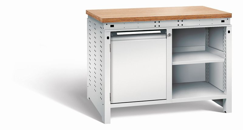 Otto Kind Werkbank Serie function Typ 210, Multiplexplatte 40 mm, bündig, 2x Unterbau, komplett RAL 7035, 072340117