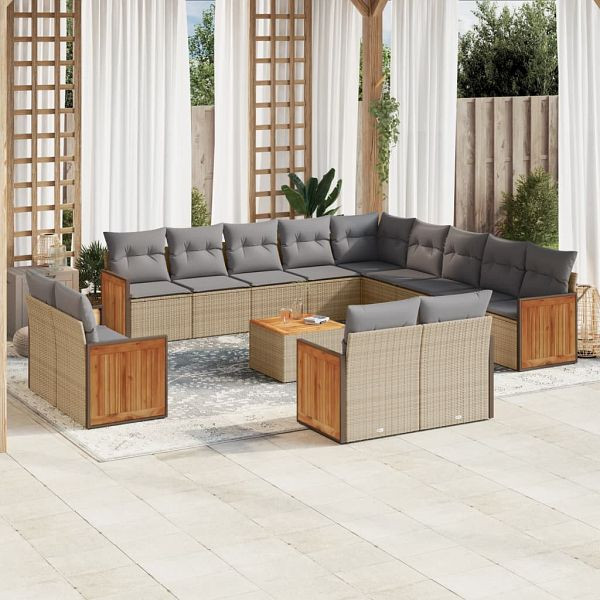 vidaXL 14-teilig Garten-Sofagarnitur mit Kissen Beige Poly Rattan, 3260617