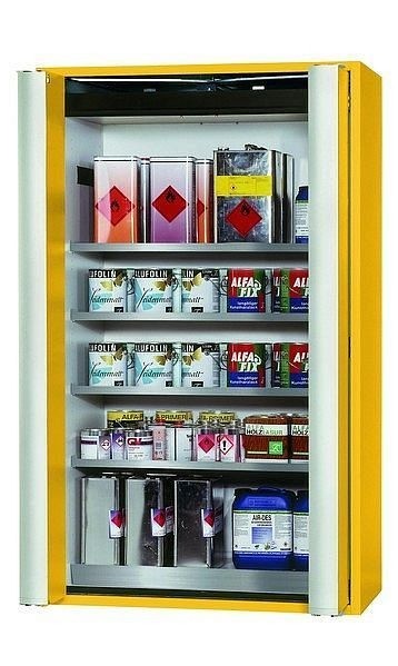 asecos Sicherheitsschrank S-PHOENIX Vol.2-90, S90.196.120.FDAC in sicherheitsgelb RAL 1004 mit 4x Fachboden (Edelstahl), 30119-002-30136