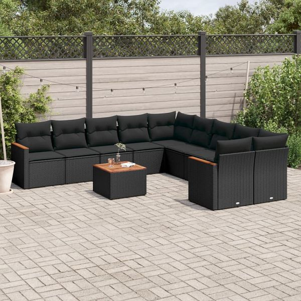 vidaXL 11-teilig Garten-Sofagarnitur mit Kissen Schwarz Poly Rattan, 3226356