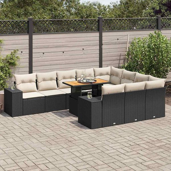 vidaXL 10-tlg. Garten-Sofagarnitur mit Kissen Schwarz Poly Rattan, 3327423