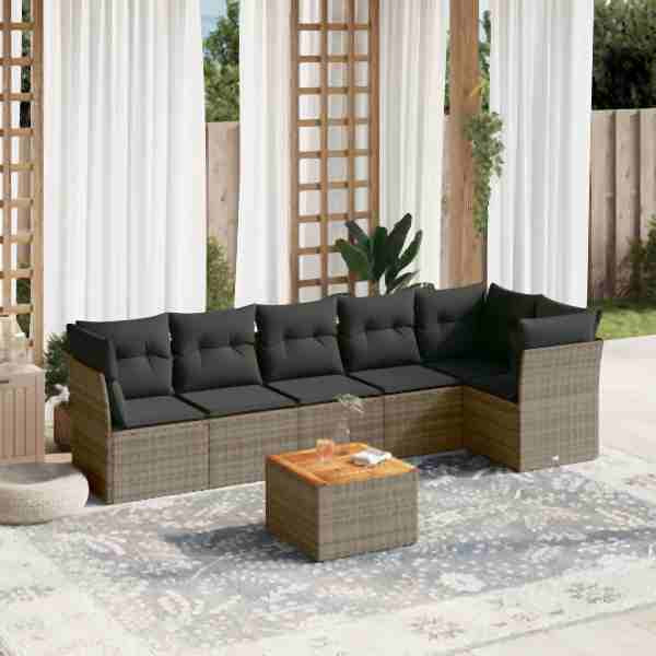 vidaXL 7-tlg. Garten-Sofagarnitur mit Kissen Grau Poly Rattan, UV-beständig, 3255983