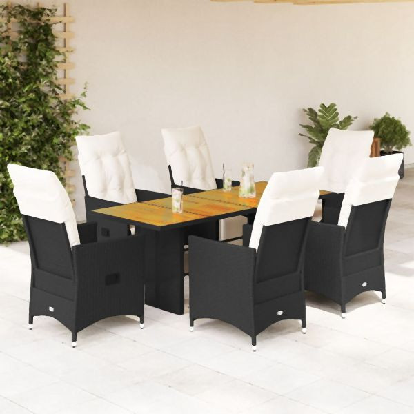vidaXL 7-tlg. Garten-Essgruppe mit Kissen Schwarz Poly Rattan, 3276861