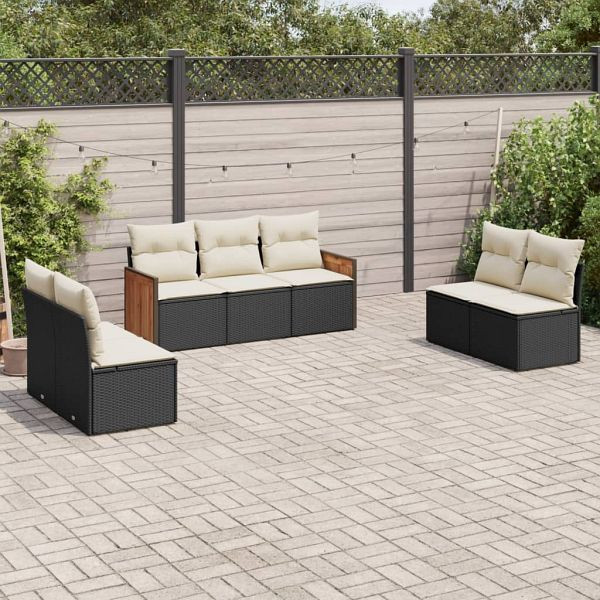 vidaXL 7-tlg. Garten-Sofagarnitur mit Kissen Schwarz Poly Rattan, 3227554