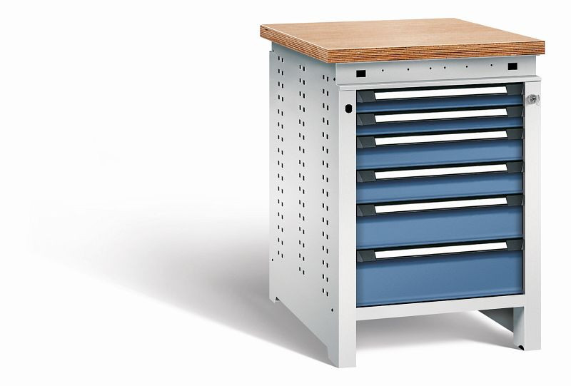 Otto Kind Werkbank Serie function Typ 110, Multiplexplatte, bündig, 6 Schubladen, mit Zentralverschluss, Gehäuse RAL 7035, Front RAL 5023, 072327164