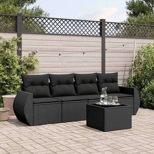 vidaXL 5-teilig Garten-Sofagarnitur mit Kissen Schwarz Poly Rattan, 3253422