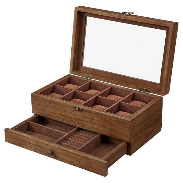 SONGMICS Uhrenbox mit 8 Schlitzen, zweistufiges Holzgehäuse mit großem Glasdeckel, Uhrenkissen, Samtfutter, Schmuckschatulle, rustikale Walnuss, JOW008K01