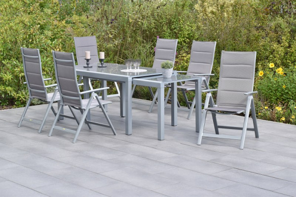 Merxx Taviano Set 7-teilig, 6 Klappsessel, Rückenlehne verstellbar, 1 Flex Ausziehtisch, 160 (320) x 78 / 75 cm, Silber/diamantbraun, 50685-330
