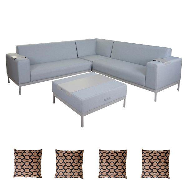 Mendler Alu-Garten-Garnitur HWC-C47, Sofa, Outdoor Stoff/Textil, blau mit Ablage, Kissen braun, 58493+58494+58495+4x51886