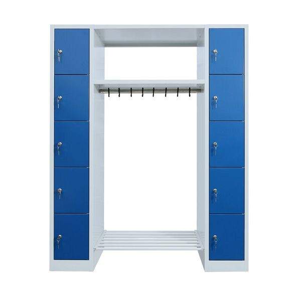 Lüllmann Garderobe, 2 Abteile, je 5 Fächer rechts/links, 1800 x 1430 x 500 mm, lichtgrau/enzianblau, 525521