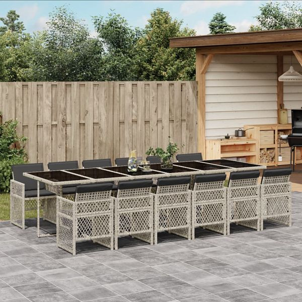 vidaXL 13-teilig Garten-Essgruppe mit Kissen Hellgrau Poly Rattan, 3210767