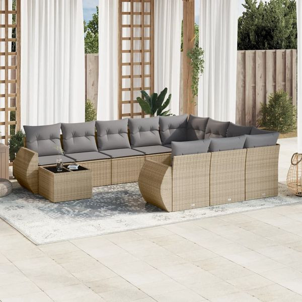 vidaXL 11-tlg. Garten-Sofagarnitur mit Kissen Beige Poly Rattan, 3221928
