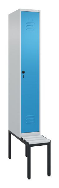 C+P Umkleidespind Classic PLUS, mit untergebauter Sitzbank, 2120x300x815mm, 7035/5012, Drehriegel, 0800507-10 S10036