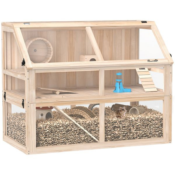 PawHut Hamsterkäfig aus Holz 3 Etagen Nagerkäfig Kleintierkäfig mit Wippe Laufrad Hütte 95 x 53 x 76 cm, D51-469V02ND