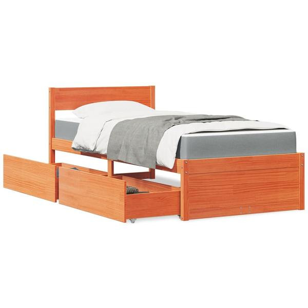 vidaXL Bett mit Schubladen und Matratze Wachsbraun 90x200 Massivholz, 3281909