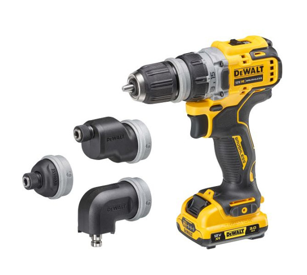 DeWalt 12 Volt / 3 Ah Akku-Bohrschrauber mit 4 werkzeuglos wechselbaren Werkzeug-Aufnahmen, DCD703L2T-QW