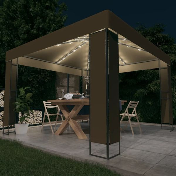vidaXL Pavillon mit Doppeldach & LED-Lichterkette 3x3x2,7 m Taupe, 3070303