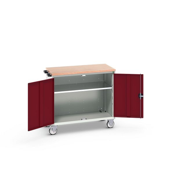 bott verso mobiler Schubladenschrank, mit 2 Türen, Fachboden und Multiplex-Top, BxTxH: 1050 x 600 x 980 mm, Lichtgrau / Purpurrot, 16927063.24