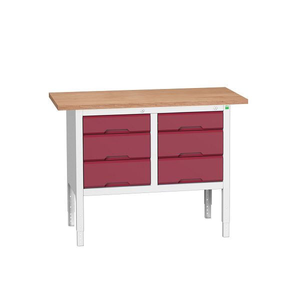 bott verso Kastenwerkbank mit einstellbarer Arbeitshöhe und Schubladenschrank mit 3 Schubladen, 1250x600x830-930mm, Lichtgrau/Purpurrot, 16923004.24