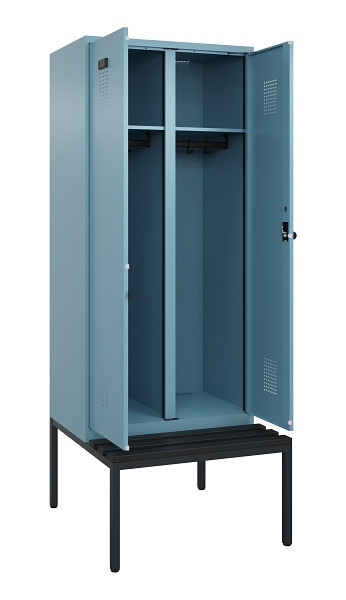 C+P Schwarz-Weiß-Spind Evolo PLUS, Bank, 2 Abteile, 2120x800x815mm, 0010/0010, Drehriegel, Sitzfläche Kunststoff, Sitzbank, 0490527-22 S10075
