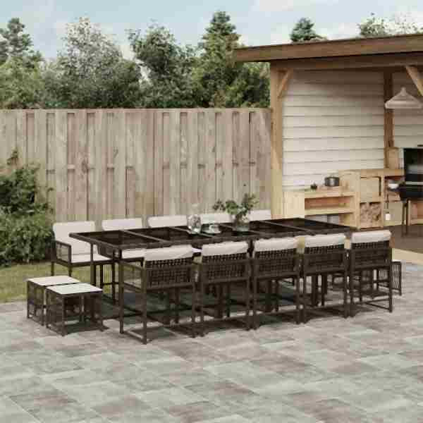 vidaXL 15-tlg. Garten-Essgruppe mit Kissen Braun Poly Rattan, UV-beständig, 3211533