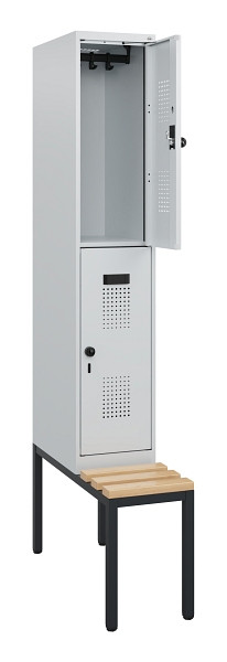 C+P Doppelstöckiger Spind Evolo PLUS, Bank, 2 Fächer, 1950x300x815mm, 7035/7035, Drehriegel, Sitzfläche Buche-Hartholz, Sitzbank, 0493505-10 S10013