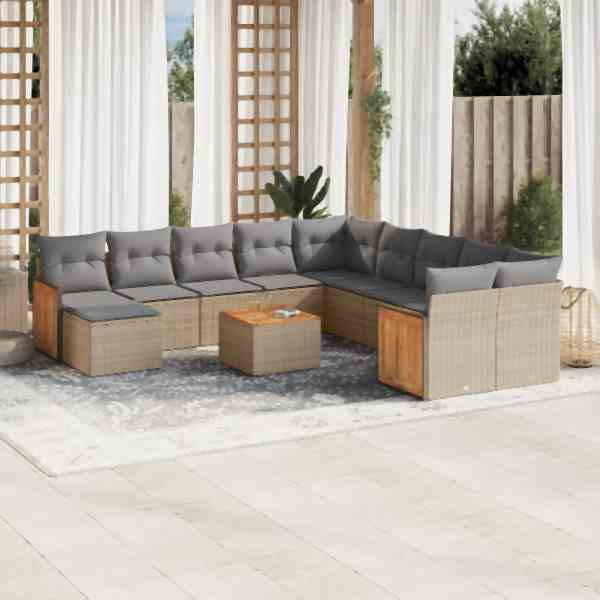 vidaXL 12-tlg. Garten-Sofagarnitur mit Kissen Beige Poly Rattan, UV-beständig, 3260659