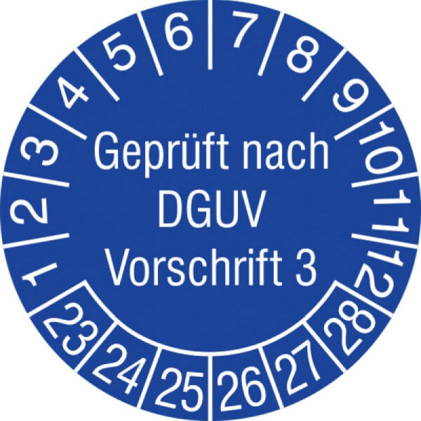 Stein HGS Prüfplaketten mit Jahresfarbe (6 Jahre), 20 mm, 2023-2028 / blau, Modell: Geprüft nach DGUV Vorschrift 3, 31.c2100-23