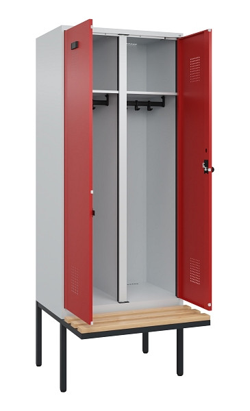C+P Schwarz-Weiß-Spind Evolo PLUS, Bank, 2 Abteile, 2120x800x815mm, 7035/3000, Drehriegel, Sitzfläche Holz, 0490427-22 S10003