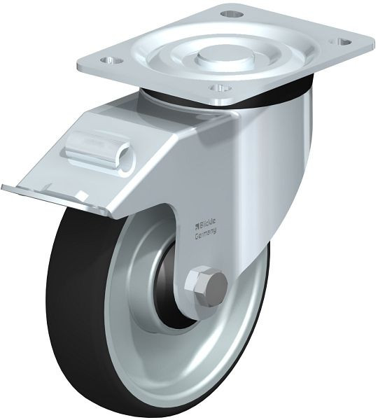 Blickle L-PATH 160K-FI-ELS Stahlblech-Lenkrolle, mittelschwere Ausführung, mit Anschraubplatte & Feststeller, Thermoplastisches Polyurethan, Grau, 852208